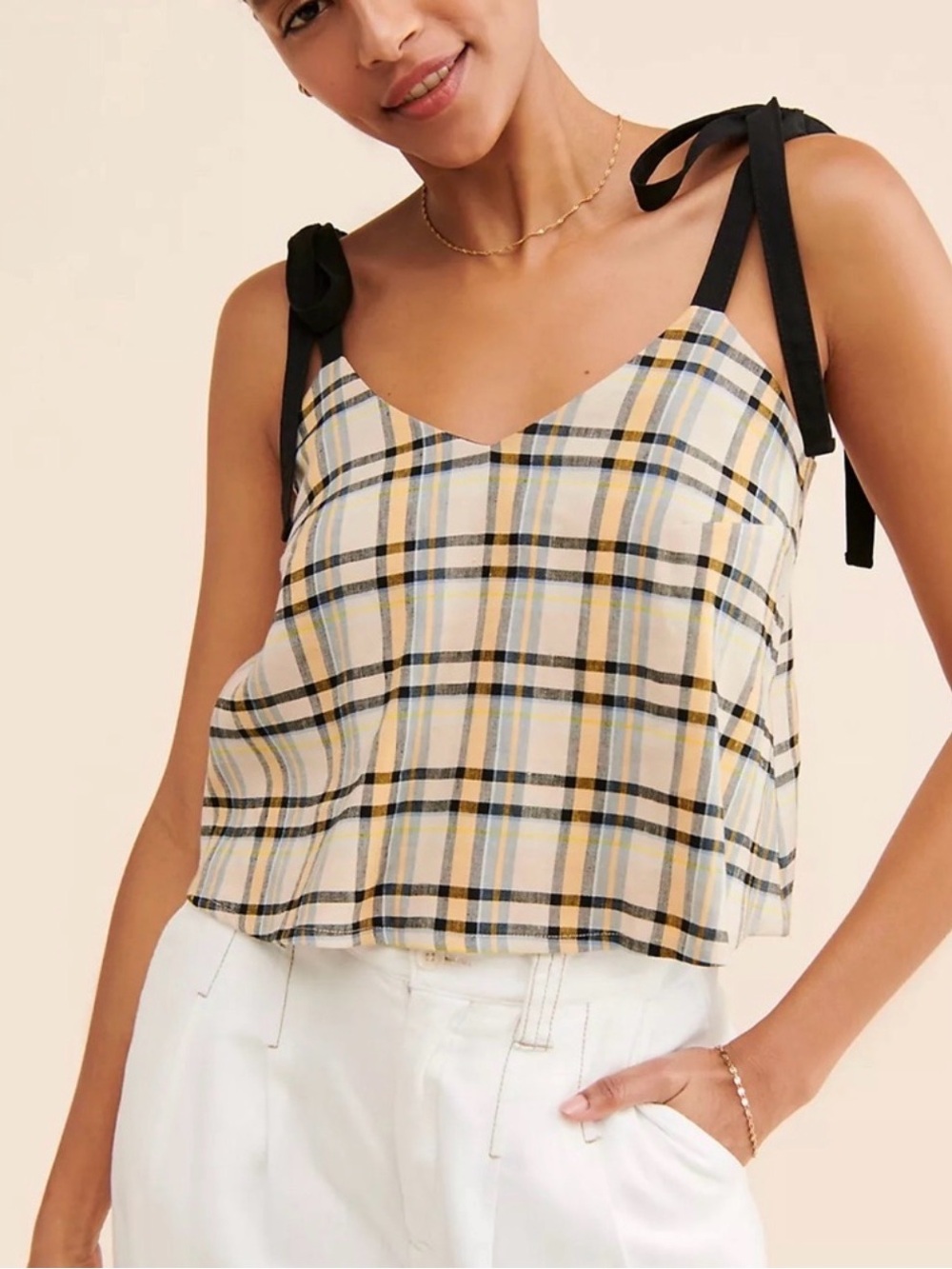 Anthropologie Eve Gravel Vivienne Camisole in Madras Linen Plaid Tie-Shoulder L